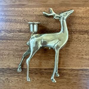 Vintage Brass Deer Reindeer Taper Candle Holder Elk